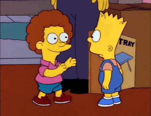 Gif of Bart Simpson shoving a boy over who is trying to hug him